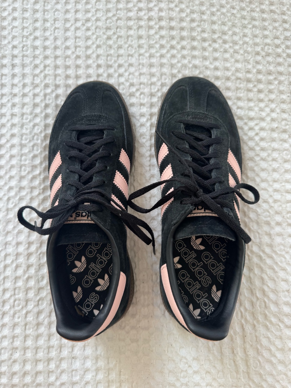 adidas Women’s Black Suede Sneakers with Pink Stripes
